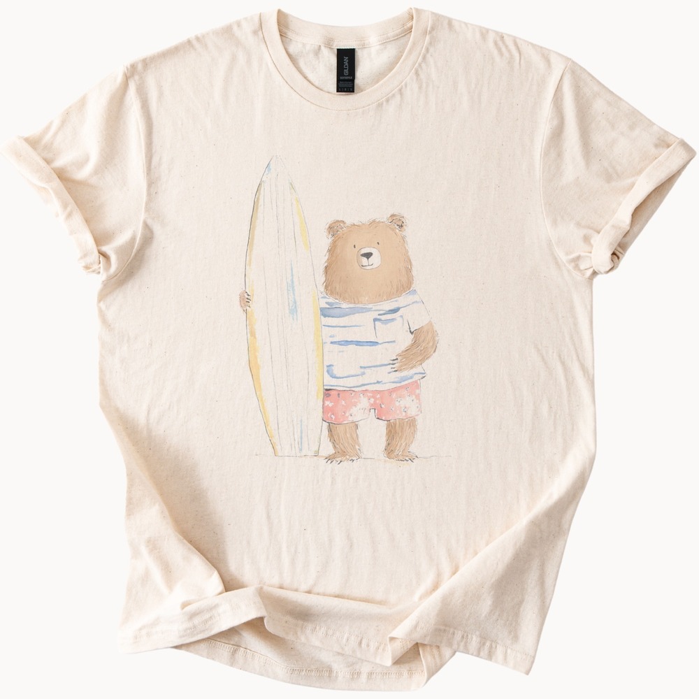 Surfing Bear Graphic Tee Playful Sketch Art Casual Streetwear